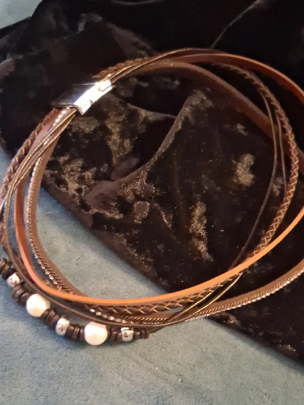 Express Brown Multi-Strand Leather Wrap Bracelet with Pearls and Rhinestones